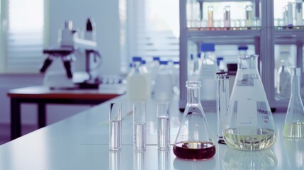 A sleek, modern laboratory with various scientific equipment like beakers and microscopes, bathed in bright white light, suggesting a productive research environment.