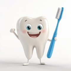 Happy cartoon tooth holding a toothbrush, encouraging dental hygiene.