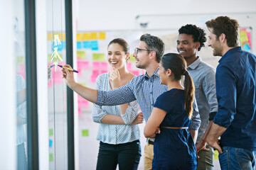 Discussion, glass wall and team of business people in office planning creative strategy for brand management. Meeting, ideas and group of public relations specialists by board for project at startup.