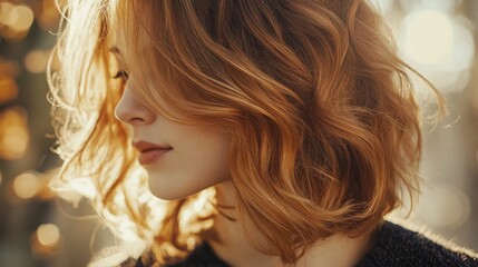 Naklejka premium A young woman with wavy reddish hair stands in a sunlit forest, gazing thoughtfully into the distance, surrounded by a warm autumn atmosphere.