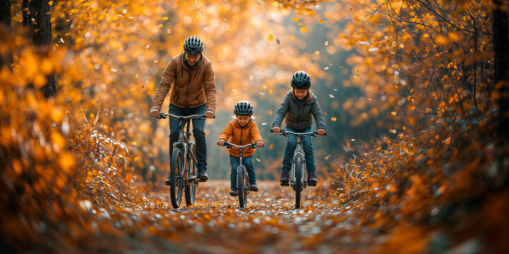 Young family out cycling forest trails in autumn with golden leaves falling from the trees and bright sunlight
