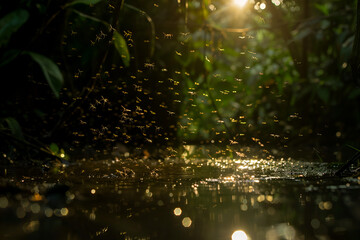 Sunlit forest pond with flying insects at dusk

