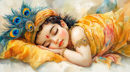 Cute sleeping baby Krishna decorated with peacock feather. Greeting card for Indian religious festival.