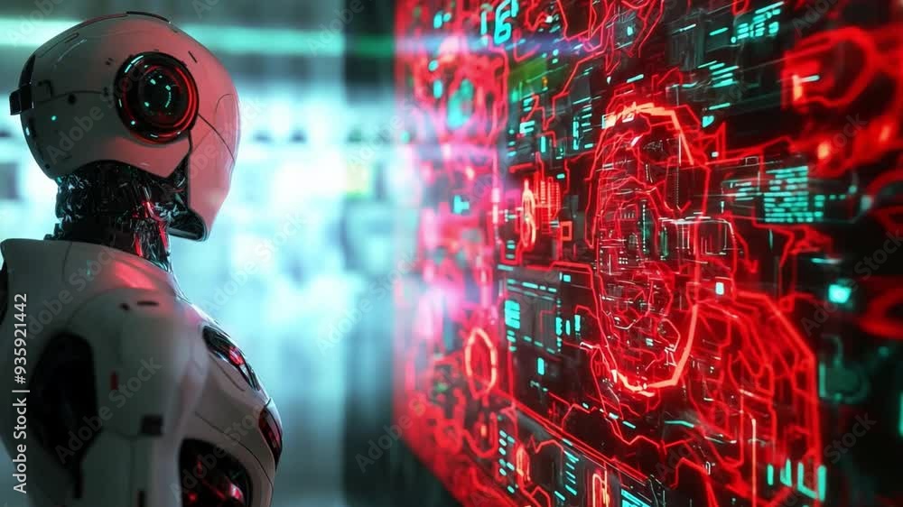 Poster the humanoid robot observes a digital display filled with intricate red and green data visualization