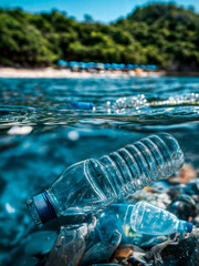 Discarded plastic waste below the ocean at an idyllic holiday destination