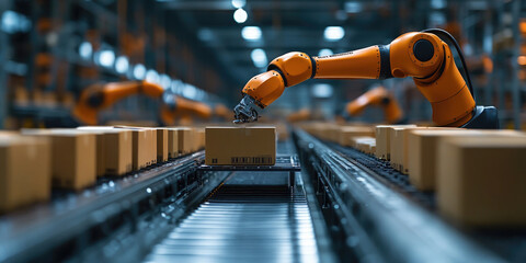 Yellow robotic arms move cardboard boxes on a conveyor belt of a delivery service, packing goods in a factory. The image evokes concepts such as automation, industry and logistics.
