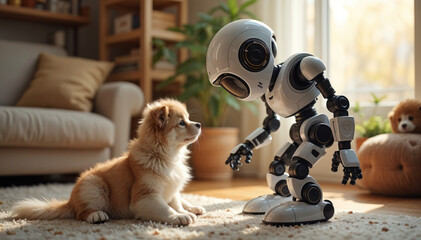 Robot interacting with a pet, cozy home setting