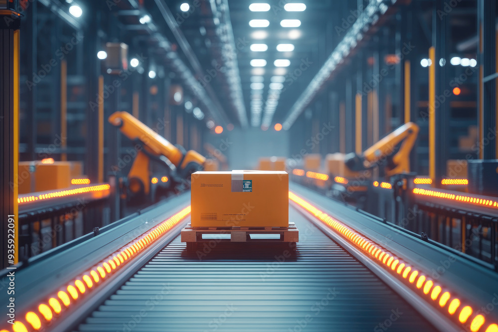 Poster cardboard box is being moved on a conveyor belt with robotic arms visible in the background, inside 