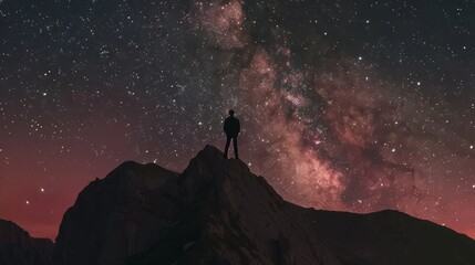 Fototapeta premium Silhouetted against the stunning Milky Way, a person stands on a mountain peak, embracing the grandeur of the universe.