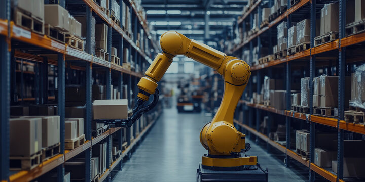Yellow robotic arm is lifting a package from a shelf full of cardboard boxes in a large warehouse. The robot is working autonomously in a fully automated storage facility