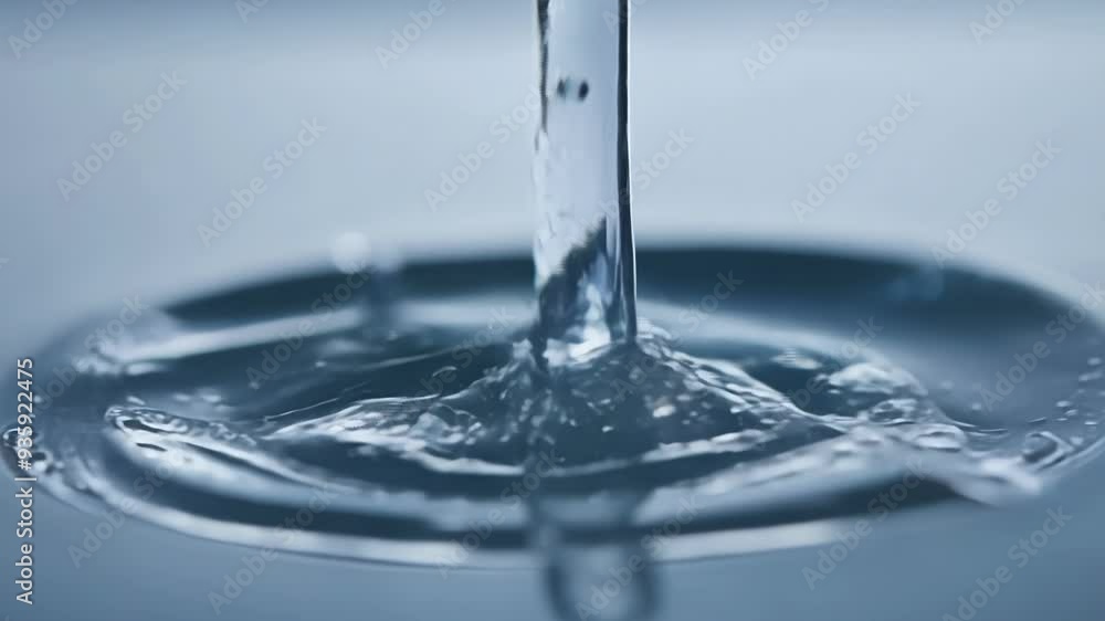 Poster water is pouring, creating concentric ripples that expand on its surface. the blue liquid reflects l