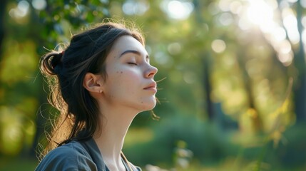 A young woman meditates outdoors, her face serene and eyes closed, embracing the calm of nature in the gentle morning light.