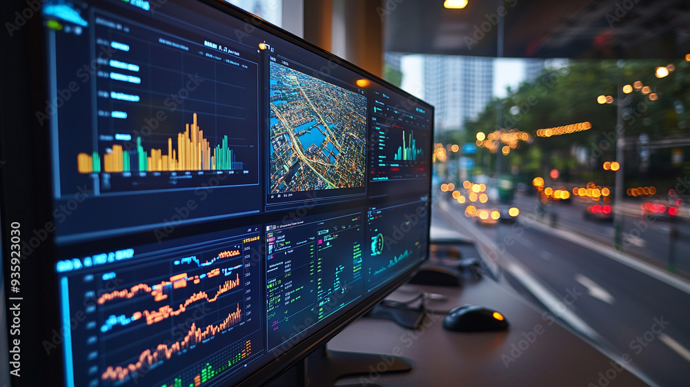 Poster a bustling urban skyline reflects innovation as data analytics visualize trends during twilight in a