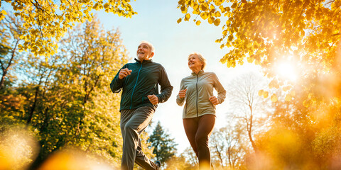 Retired couple running and enjoying a forest park trail keeping up exercise and enjoying life