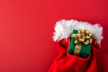 Red christmas bag with white fur green gift box and golden ribbon isolated on background