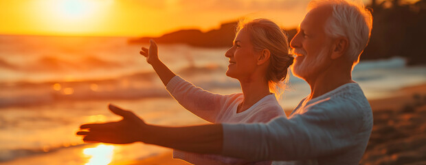 Retired modern couple stretching and doing yoga on the beach at sunset