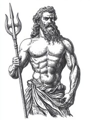 Fototapeta premium Black and white Vintage engraved art of a detailed half-body portrait statue of Poseidon with a trident, isolated on white background, ink sketch illustration, simple vector art design, 