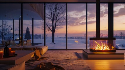 Fototapeta premium Modern living room with an expansive view of the snowy landscape, featuring a lit fireplace and large glass windows offering a cozy ambiance at sunset.