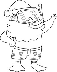 Outlined Summer Santa Claus Cartoon Character With A Snorkel And Mask Waving From The Beach. Vector Hand Drawn Illustration Isolated On Transparent Background