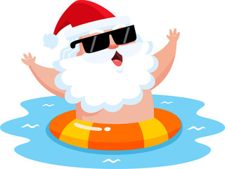 Summer Santa Claus Cartoon Character With Inflatable Ring On Water. Vector Illustration Flat Design Isolated On Transparent Background