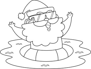 Outlined Summer Santa Claus Cartoon Character With Inflatable Ring On Water. Vector Hand Drawn Illustration Isolated On Transparent Background