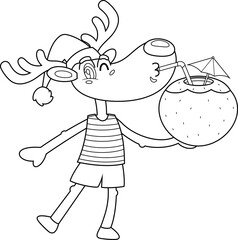 Outlined Cute Christmas Reindeer Cartoon Character Drinking Coconut Cocktail On The Beach. Vector Hand Drawn Illustration Isolated On Transparent Background