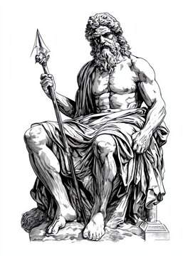 recommend clip art: Black and white Vintage engraved art of a detailed statue of Zeus with a thunderbolt, isolated on white background, ink sketch illustration, simple vector art design, highly detailed line art