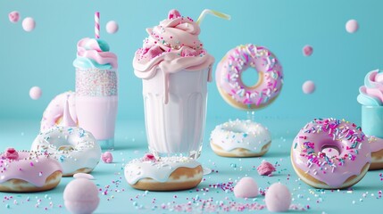 Pink and White Donuts and Milkshake on Blue Background.