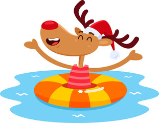 Happy Christmas Reindeer Cartoon Character With Inflatable Ring On Water. Vector Illustration Flat Design Isolated On Transparent Background