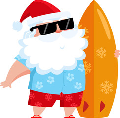 Summer Santa Claus Cartoon Character With A Surfboard On The Beach. Vector Illustration Flat Design Isolated On Transparent Background