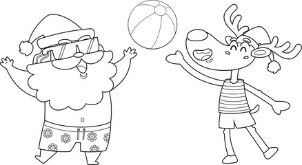 Outlined Summer Santa Claus And Reindeer Cartoon Characters Playing With A Ball On The Beach. Vector Hand Drawn Illustration Isolated On Transparent Background
