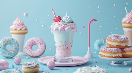 Delicious Dessert Spread with Milkshake, Donuts, and Whipped Cream.