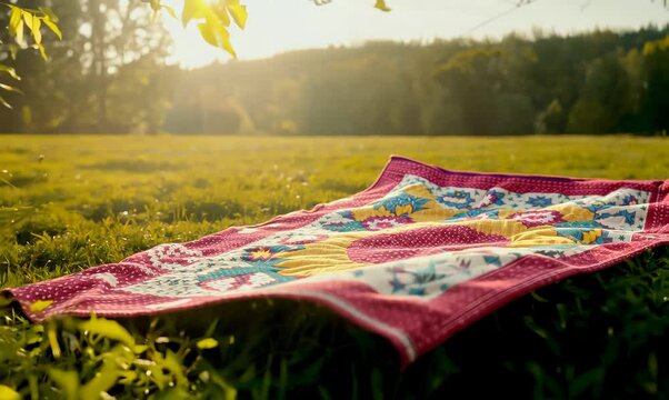 Slow Motion Close-Up of a Vibrant Quilt on Grassy Field