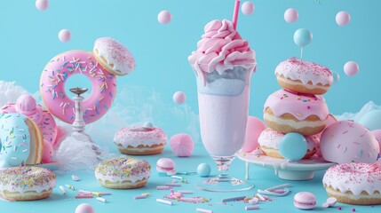 Sweet and colorful donuts and milkshake with sprinkles on blue background.