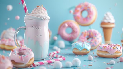 Delicious Milkshake with Donuts and Sprinkles on Blue Background.