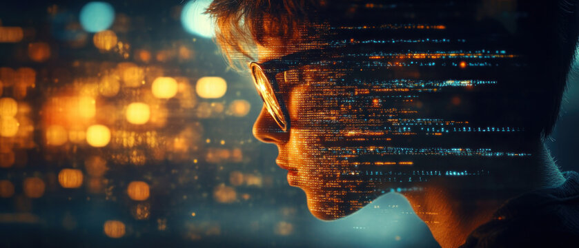 A young programmer immersed in code, showcasing the intersection of youth and technology in a vibrant digital landscape.