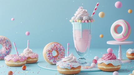 Donuts and milkshake 3D rendering with pastel colors.