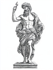 Black and white Vintage engraved art of a detailed statue of Zeus with a thunderbolt, isolated on white background, ink sketch illustration, simple vector art design, highly detailed line art, 