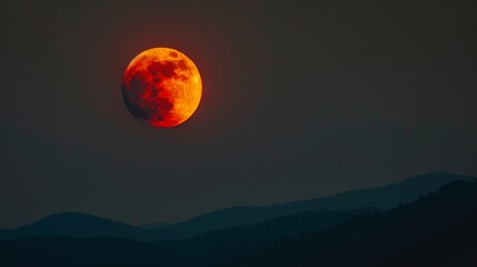 An awe-inspiring blood red moon rises above darkened hills, filling the night sky with an air of mystery and cosmic wonder.
