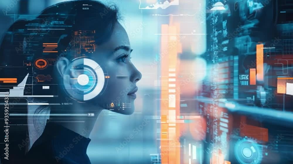 Poster a woman observes and engages with a digital screen filled with data visualizations in a contemporary