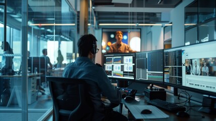 A focused professional works on multiple screens in a high-tech office, engaged in tasks that require precision and technical expertise, highlighting innovation and efficiency.