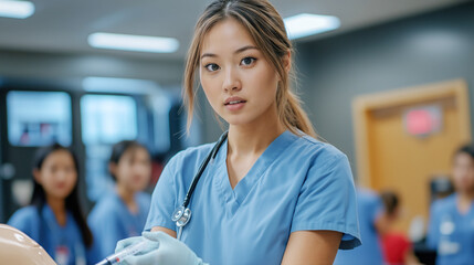 Asian Medical Student Demonstrating Intramuscular Injection in Class