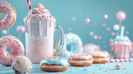 Pink and blue donut milkshake with sprinkles.