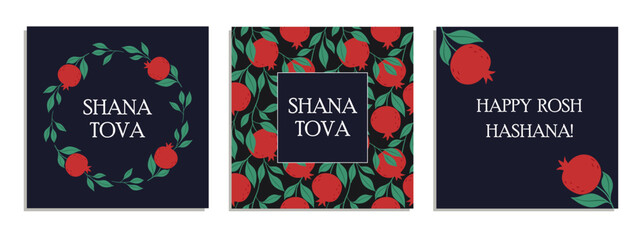 Naklejka premium Jewish New Year card design set. Rosh Hashanah symbol pomegranate. Happy New Year. Vector illustration