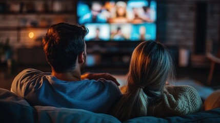 The couple relaxes side by side on the couch, immersed in a captivating show on their television during the night