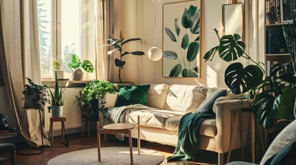Fototapeta premium Cozy sunlit living room adorned with lush indoor plants and minimalist décor, evoking a sense of nature and tranquility.