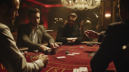 A group of men engaged in a tense poker game at a richly adorned casino, with dim lighting creating an atmosphere of suspense and strategy.