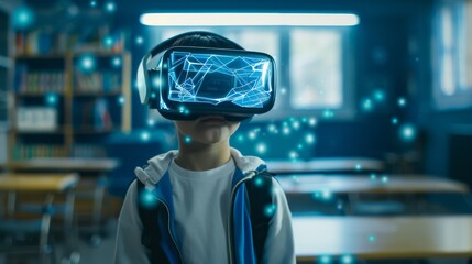 A young boy engages with a virtual reality experience in a dimly lit, futuristic classroom filled with floating digital graphics.