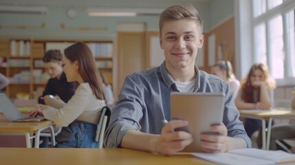 A focused young man using a tablet in a bright, busy classroom filled with other students engaged in various activities.
