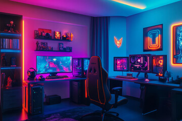 Interior of gaming room with modern computer and neon lighting. Playing cyber games and online entertainment concept.